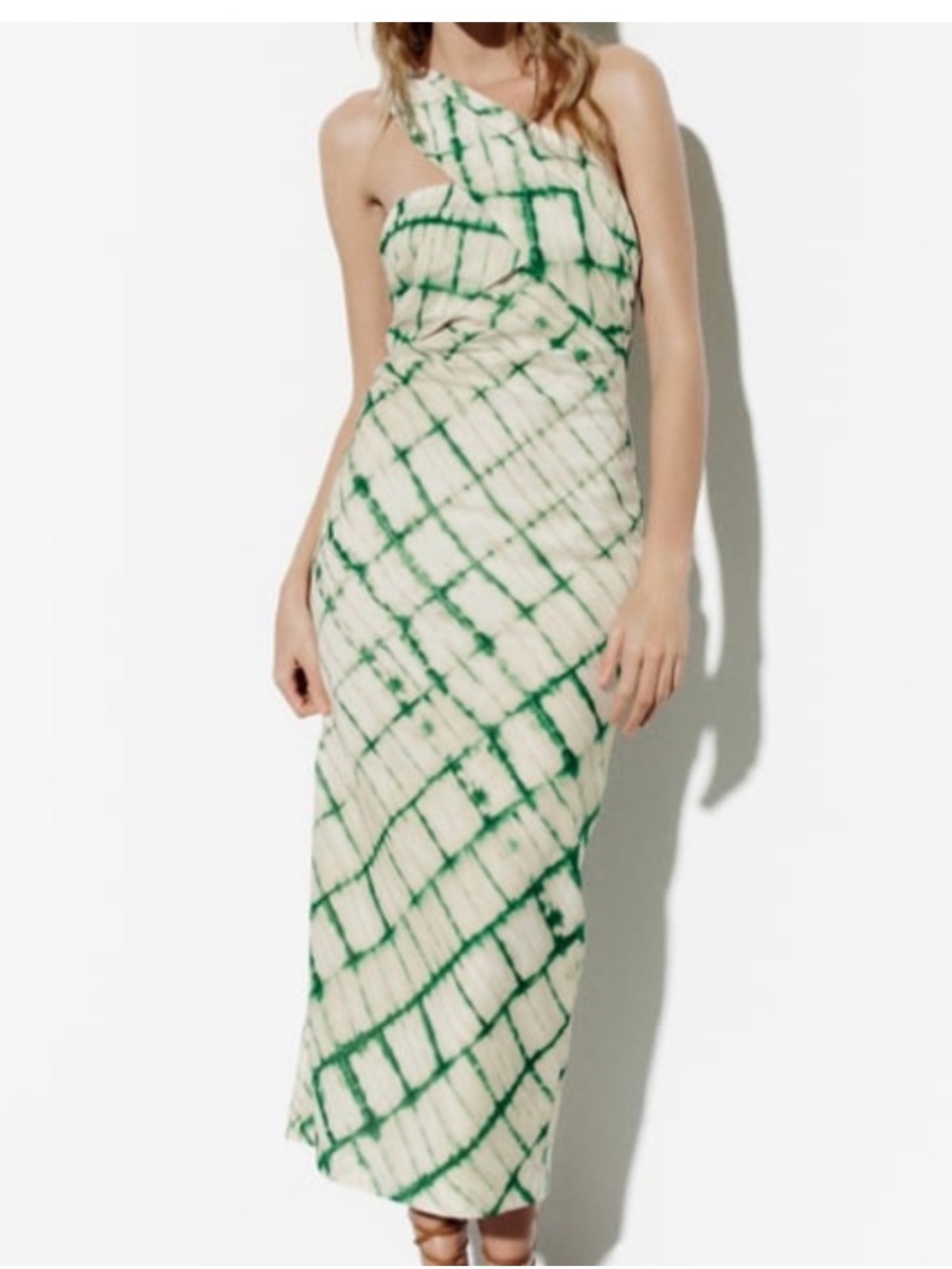 Zara Green and Cream One-Shoulder Tie-Dye Maxi Dress